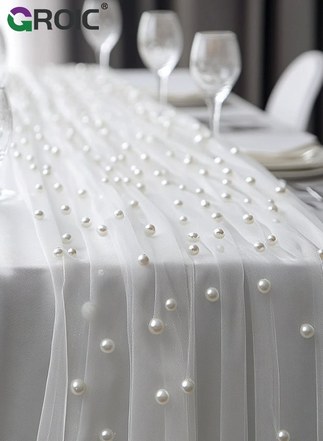 GROIC مفرش طاولة لؤلؤي، 75*300 سم، مفرش طاولة أبيض من التول الشفاف، زينة طاولة للحلويات مع قوس، زينة طاولة رومانسية لحفلات الزفاف، حفلات استقبال الأطفال، أعياد الميلاد، المنزل - Image 5